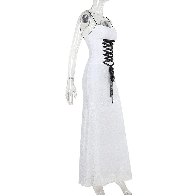 Lace backless lace up cami maxi dress