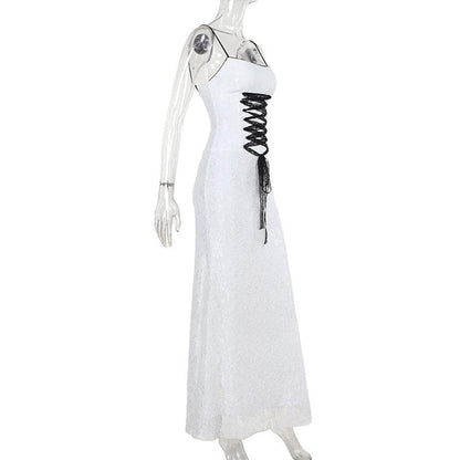 Lace backless lace up cami maxi dress