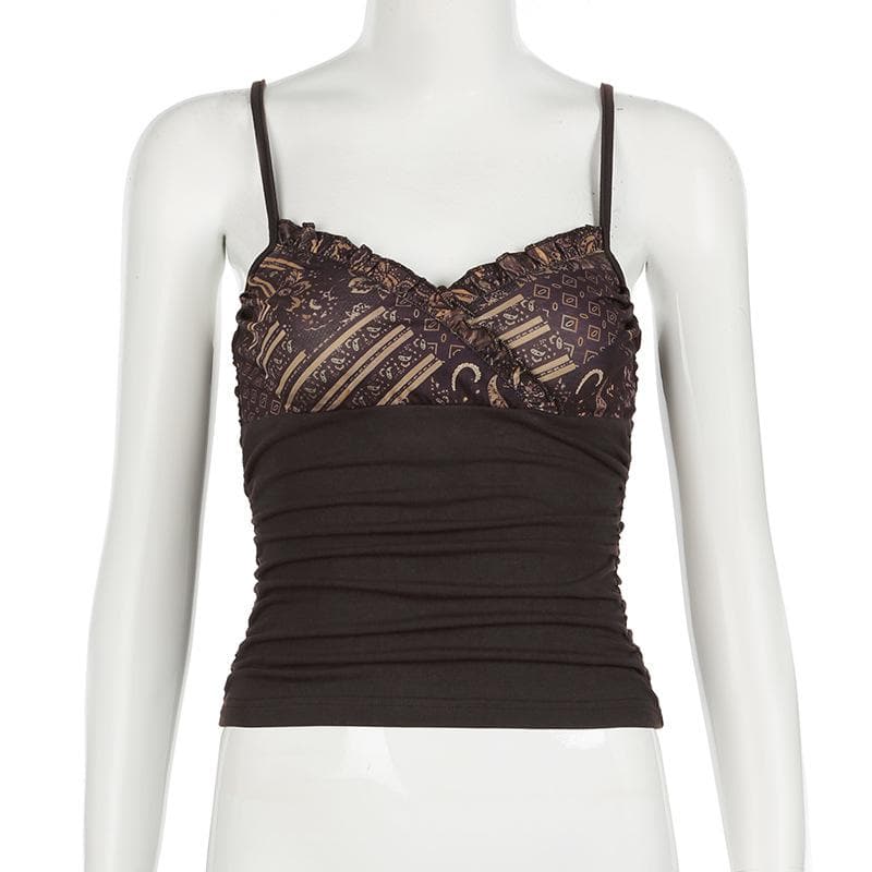 Ruffle v neck print patchwork ruched cami top