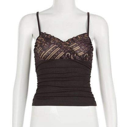 Ruffle v neck print patchwork ruched cami top