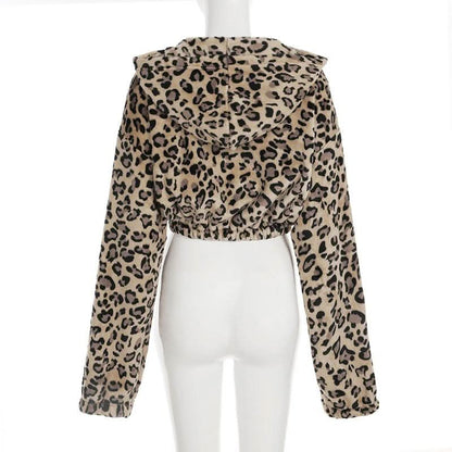 Hoodie long sleeve leopard print zip-up coat top