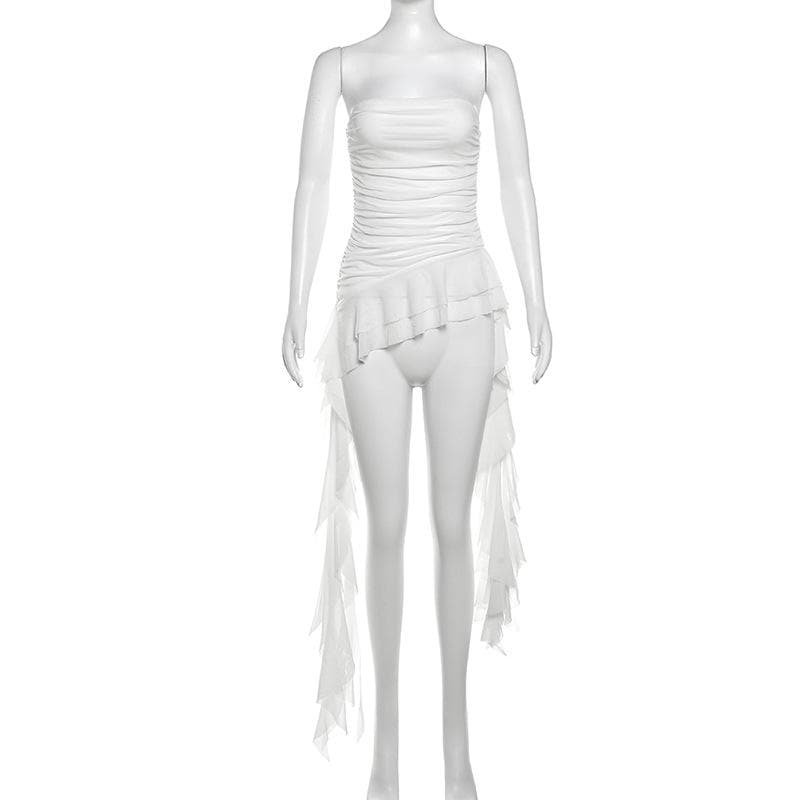 Ruffle mesh ruched irregular solid tube top