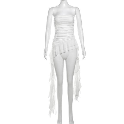 Ruffle mesh ruched irregular solid tube top