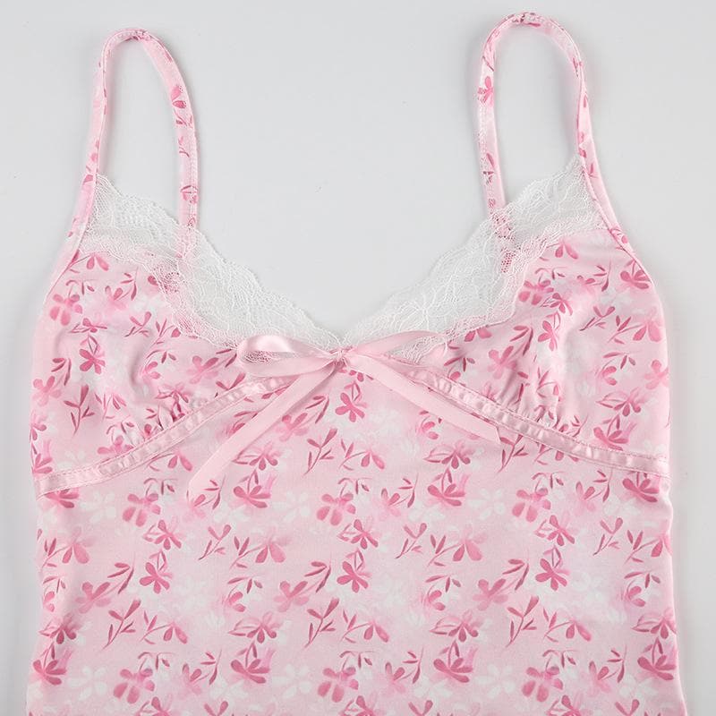 V neck bowknot lace hem ruffle print cami top
