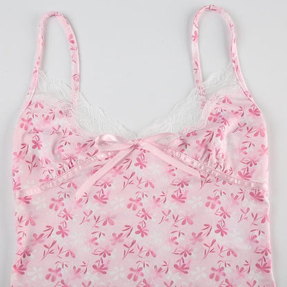 V neck bowknot lace hem ruffle print cami top