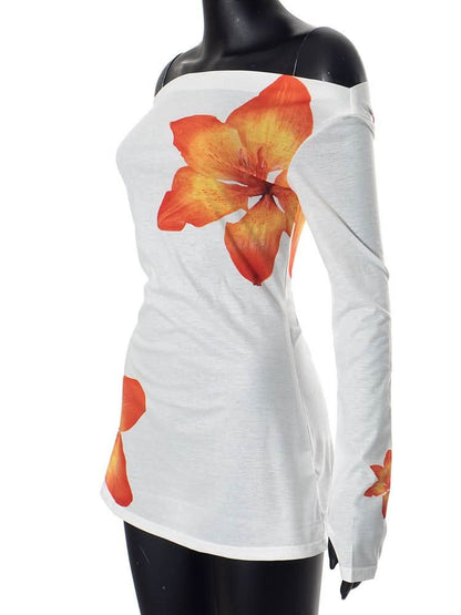 Long sleeve gloves flower print mesh off shoulder top