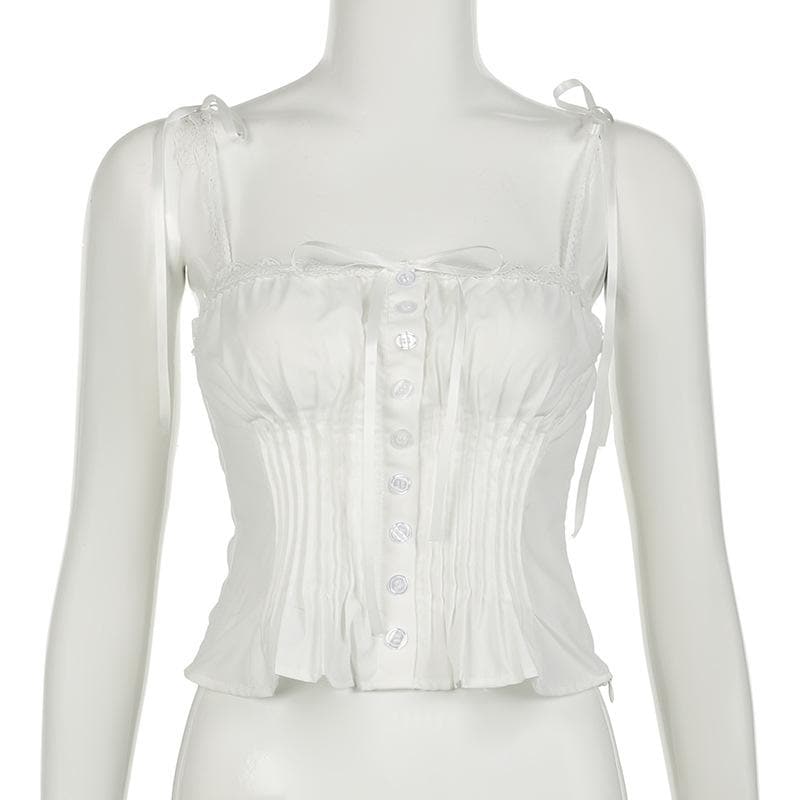 Ruched lace hem button bowknot ribbon cami top