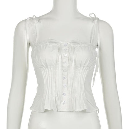 Ruched lace hem button bowknot ribbon cami top