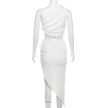 Irregular one shoulder sleeveless textured midi skirt set