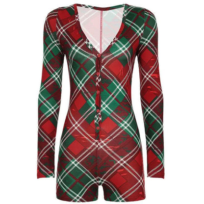 V neck long sleeve plaid button romper