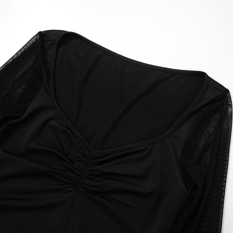 Gloves mesh long sleeve ruched v neck solid top