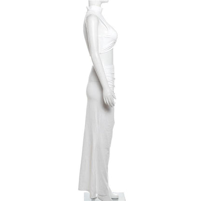 Knotted solid high neck mesh sleeveless ruched maxi skirt set-final-sale