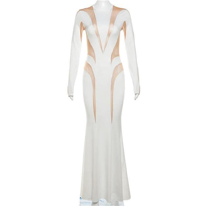 Crewneck long sleeve mesh patchwork maxi dress-final-sale