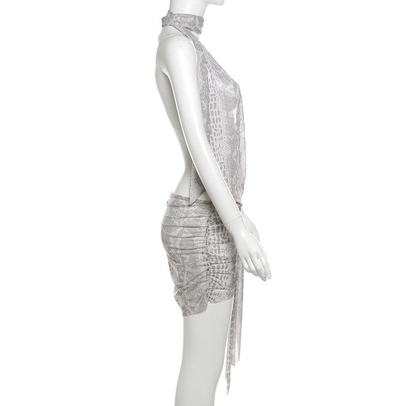 Snakeskin print halter sheer mesh irregular ruched mini dress