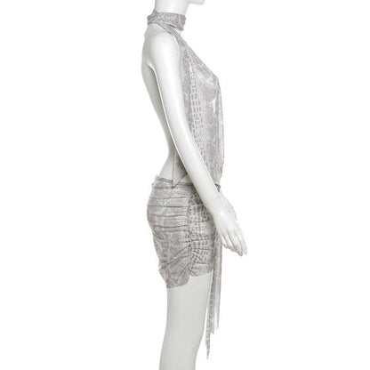 Snakeskin print halter sheer mesh irregular ruched mini dress