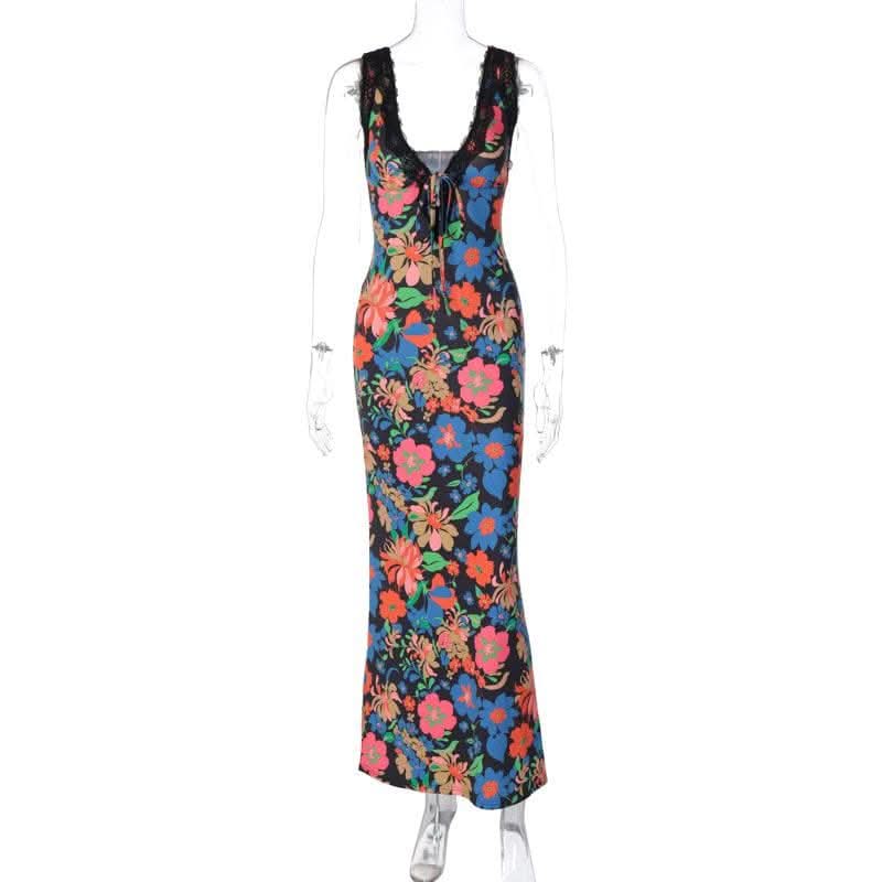 Lace hem sleeveless v neck flower print contrast maxi dress-final-sale