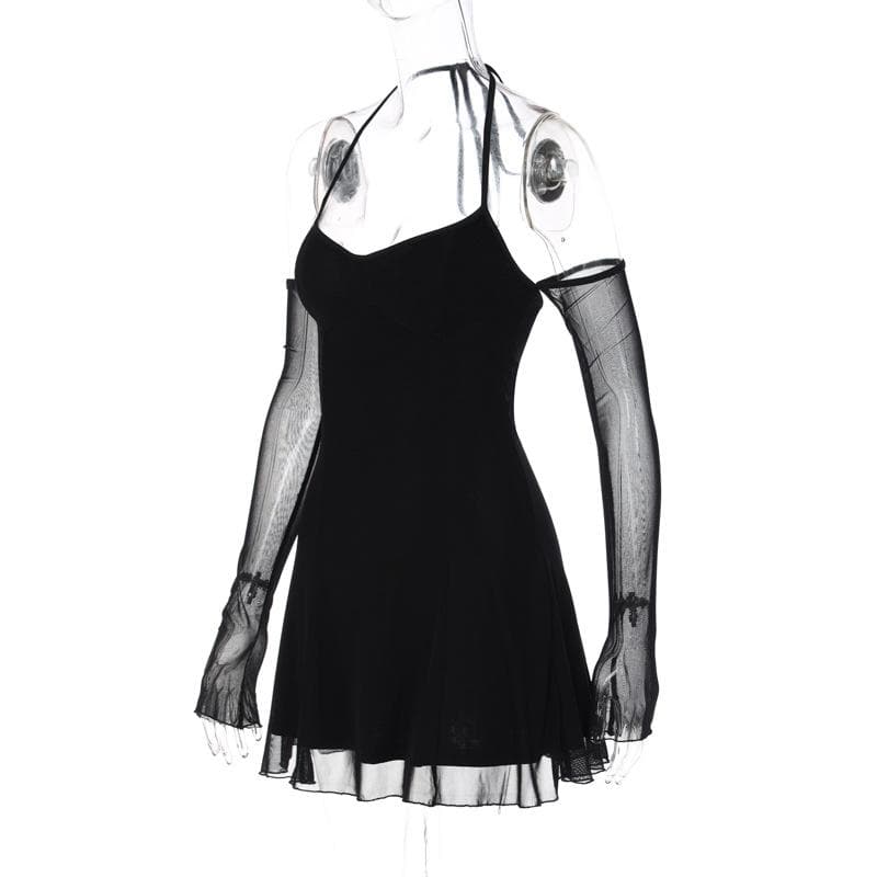 Halter Sweetheart Neck Mesh Long Sleeve Off Shoulder Ruched Ruffle Hem Mini Dress