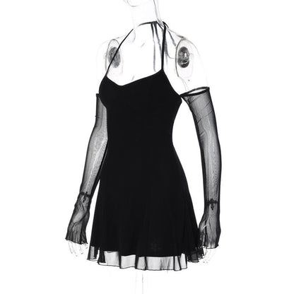Halter Sweetheart Neck Mesh Long Sleeve Off Shoulder Ruched Ruffle Hem Mini Dress