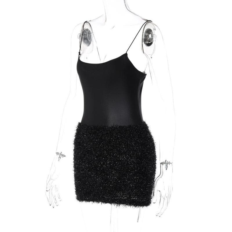 Scoop Neck Spaghetti Strap Textured Fuzzy Skirt Bodycon Mini Dress