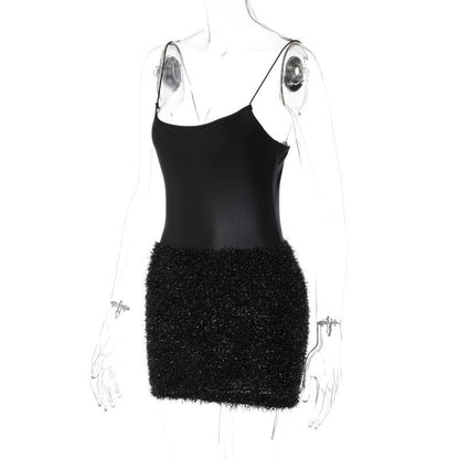Scoop Neck Spaghetti Strap Textured Fuzzy Skirt Bodycon Mini Dress