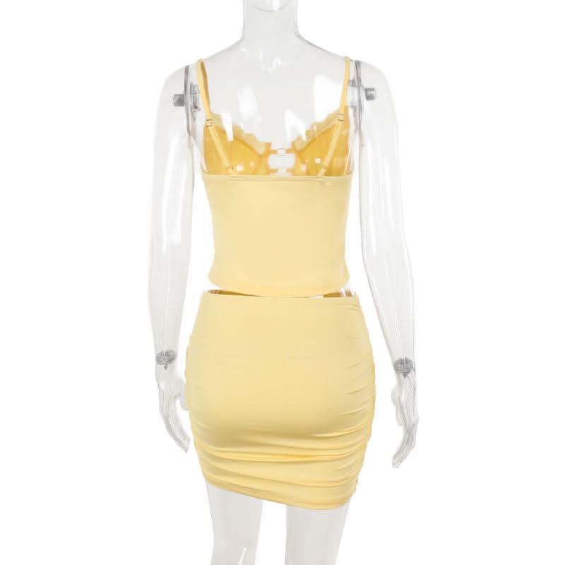 Hollow out v neck lace hem ruched cami mini skirt set