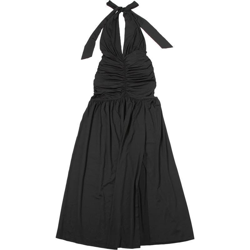 Halter deep v neck ruched backless maxi dress