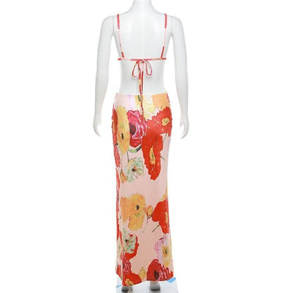 Hollow out v neck backless self tie flower print cut out maxi dress-final-sale