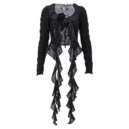 Textured long sleeve ruffle self tie solid crop top