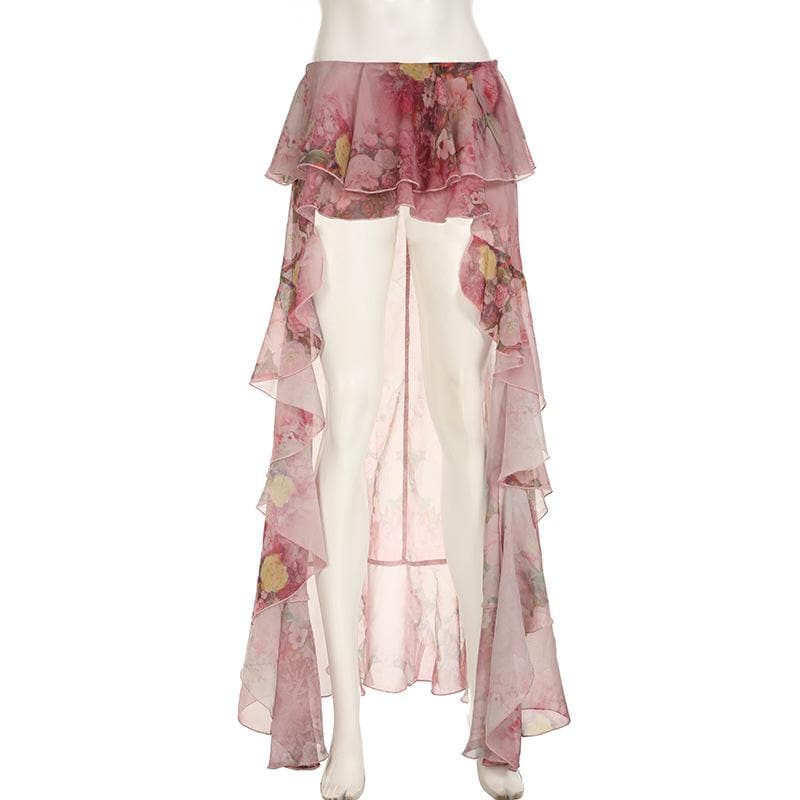 Chiffon flower print ruffle maxi skirt