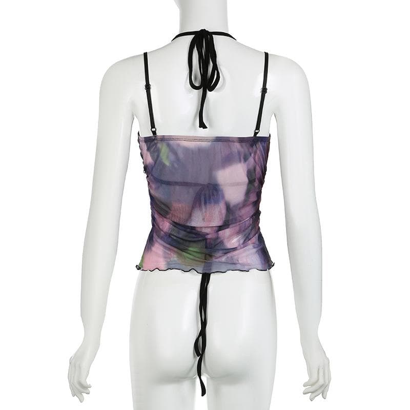 Halter tie dye mesh ruched 2 piece top
