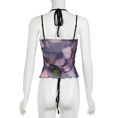Halter tie dye mesh ruched 2 piece top