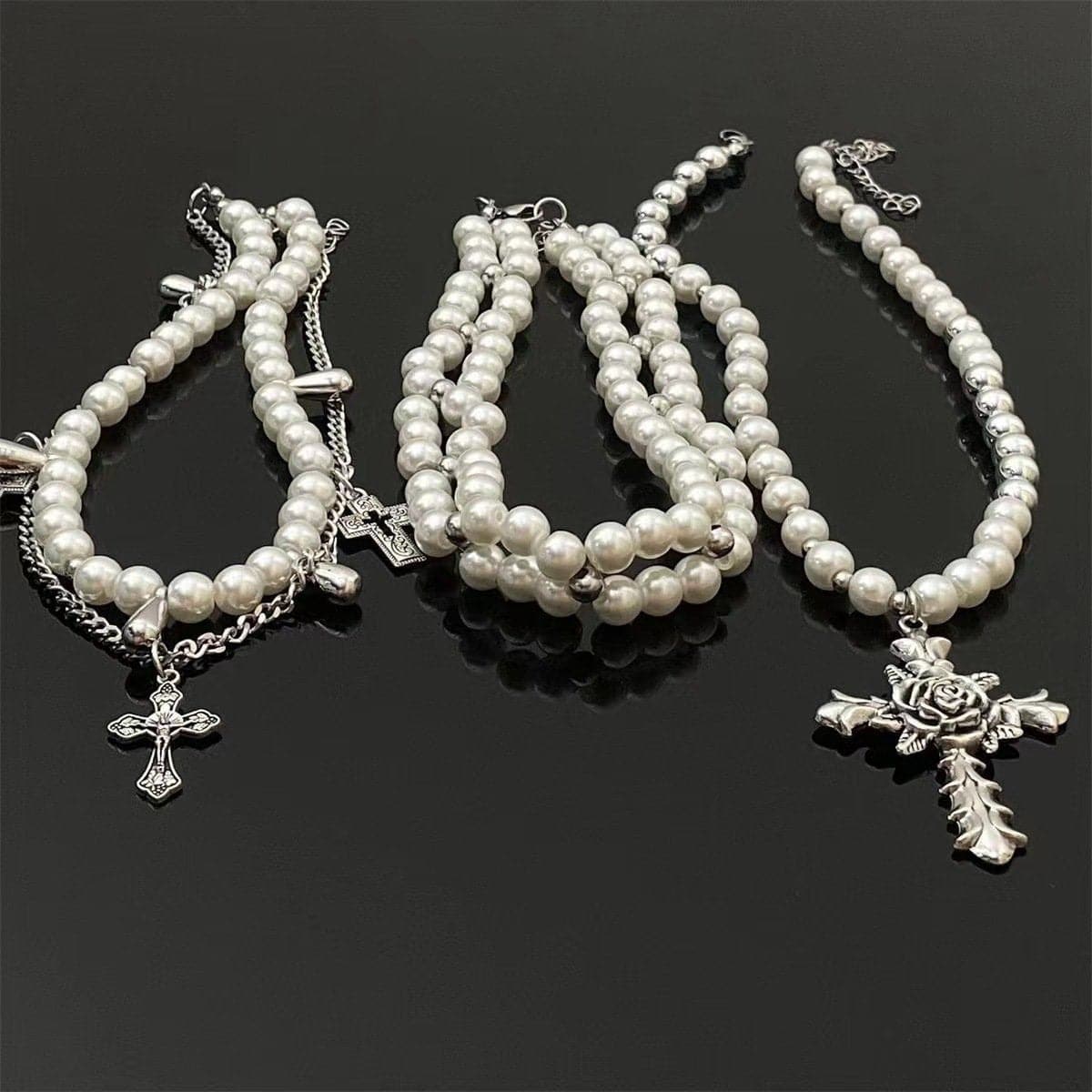 Faux pearl cross rose 3 pcs necklace