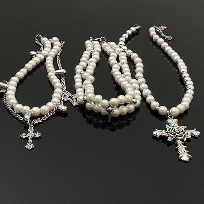 Faux pearl cross rose 3 pcs necklace