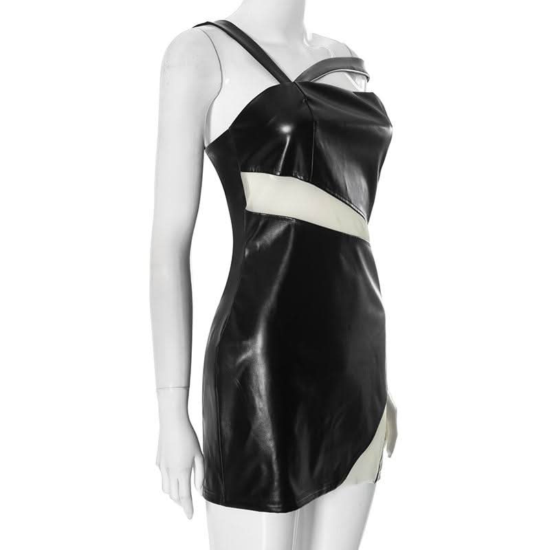 Irregular PU leather mesh zip-up mini dress