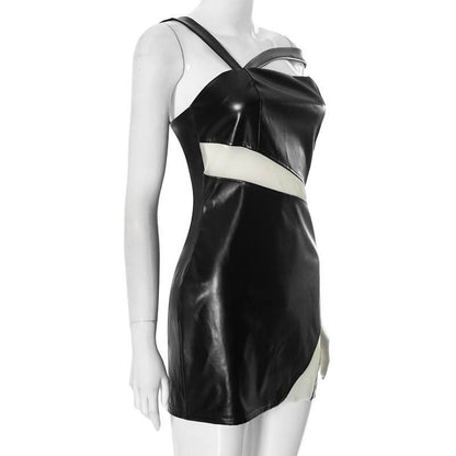 Irregular PU leather mesh zip-up mini dress