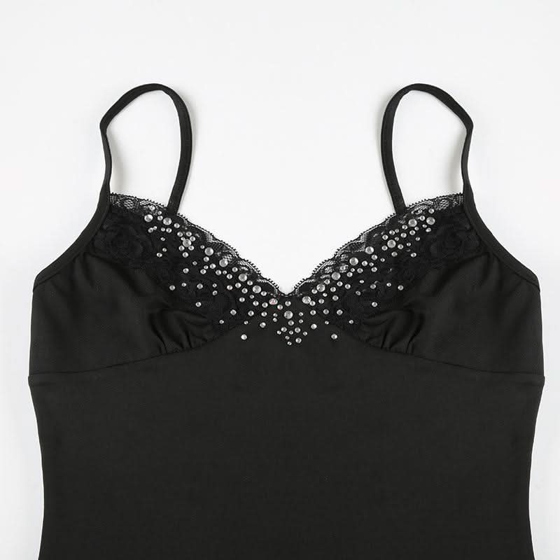 Beaded v neck lace hem backless cami top