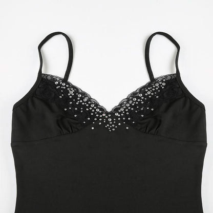 Beaded v neck lace hem backless cami top