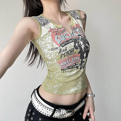 Notch neck print contrast tank top