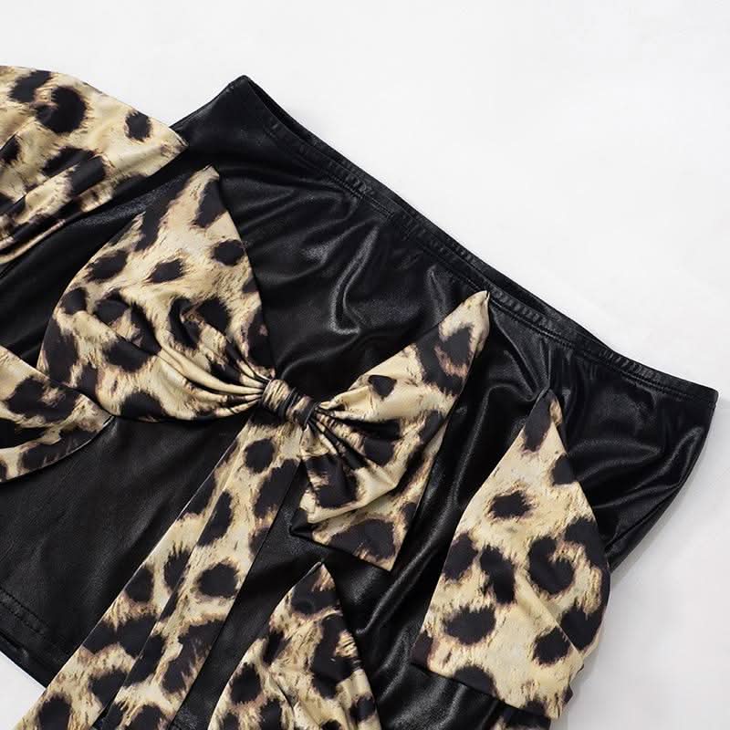 Leopard print bowknot PU leather contrast mini skirt
