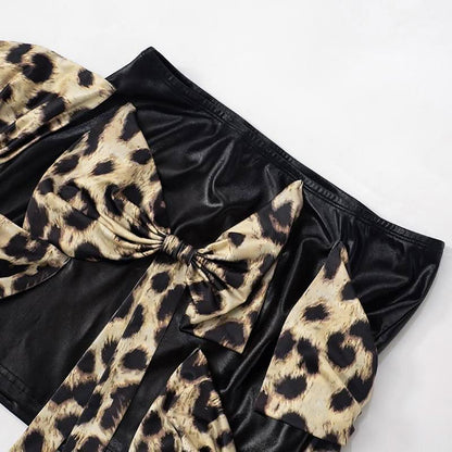 Leopard print bowknot PU leather contrast mini skirt