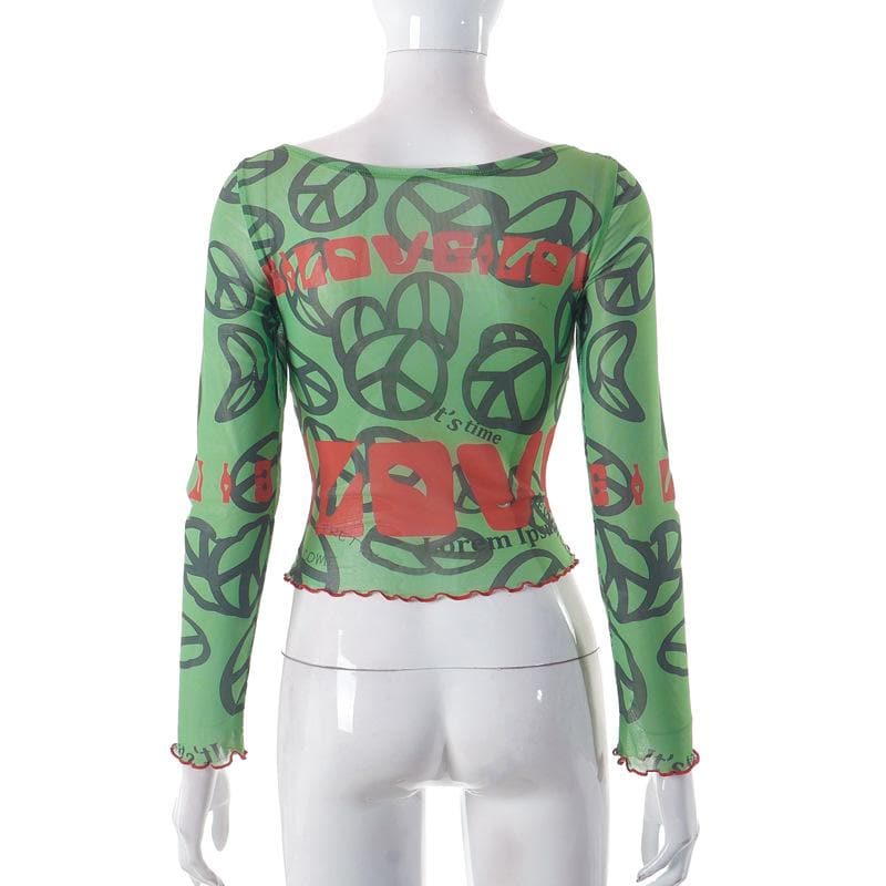 Long sleeve sheer mesh see through ruffle contrast print crop top