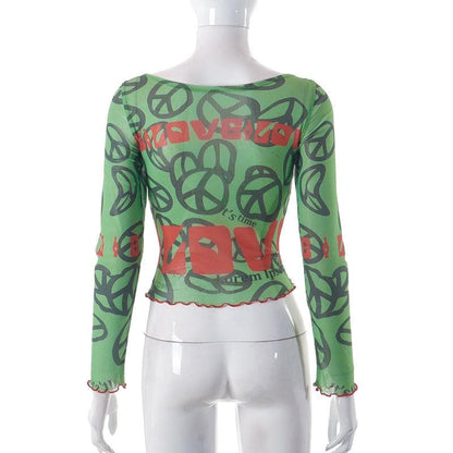 Long sleeve sheer mesh see through ruffle contrast print crop top