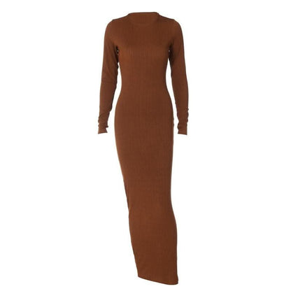 Long sleeve solid round neck maxi dress-final-sale