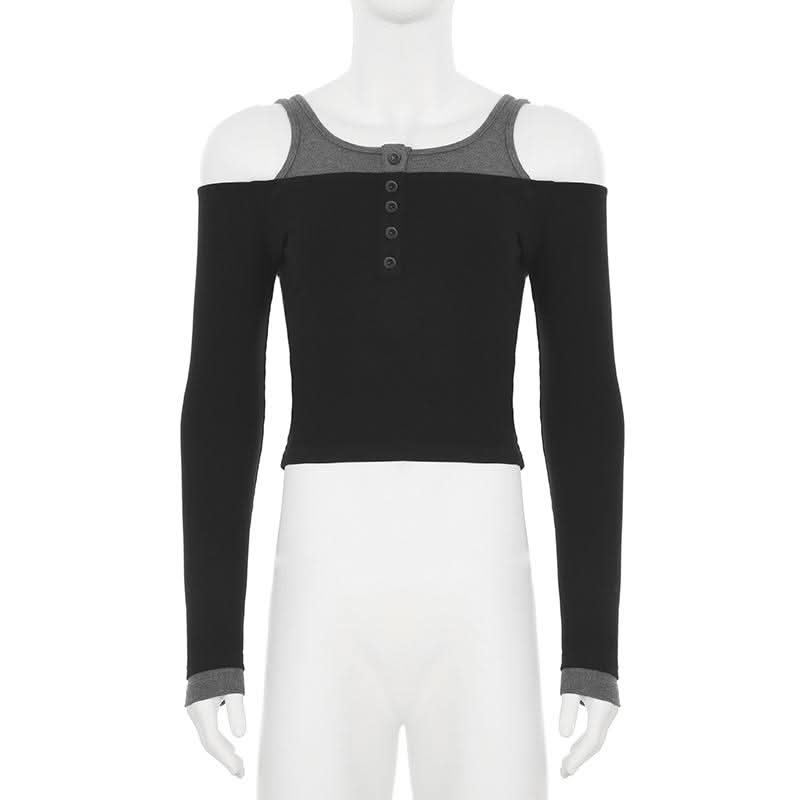 Off shoulder long sleeve contrast button top