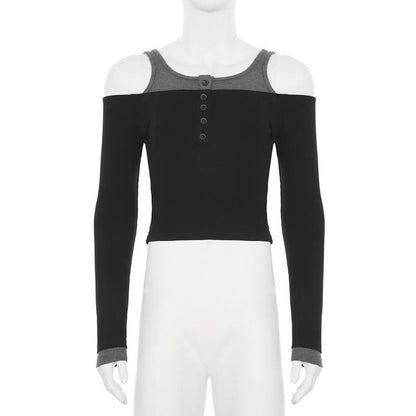 Off shoulder long sleeve contrast button top
