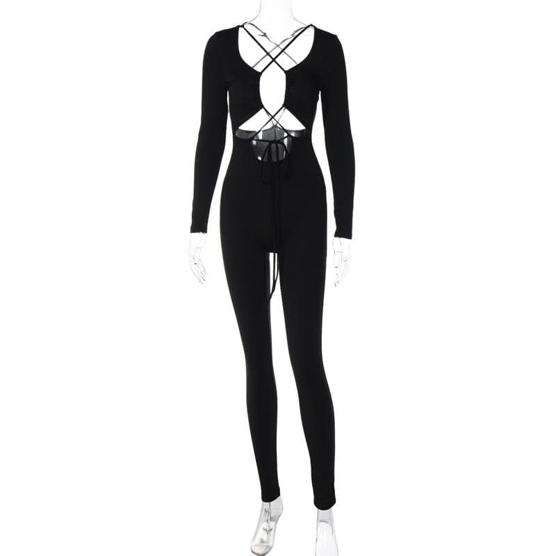 Cross front long sleeve hollow out lace up solid jumpsuit - Final Sale