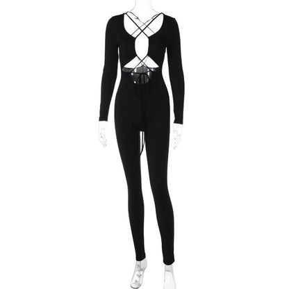 Cross front long sleeve hollow out lace up solid jumpsuit - Final Sale