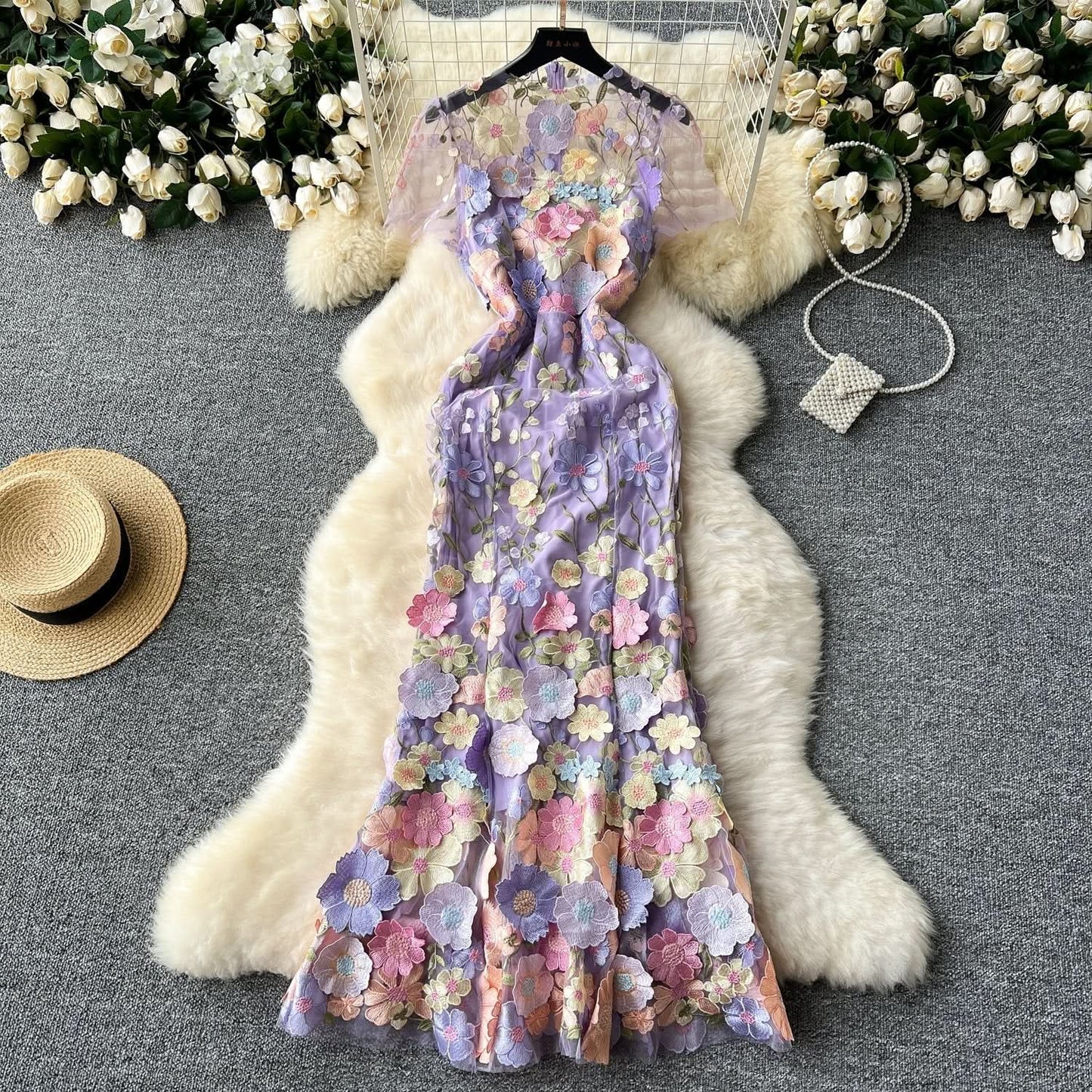 Crewneck short sleeve flower embroidery zip-up maxi dress