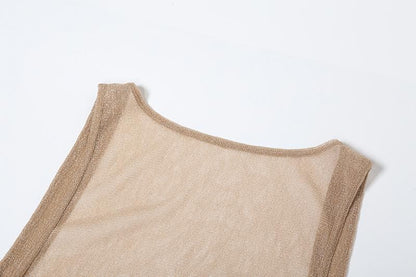 Glitter backless mesh slit maxi dress