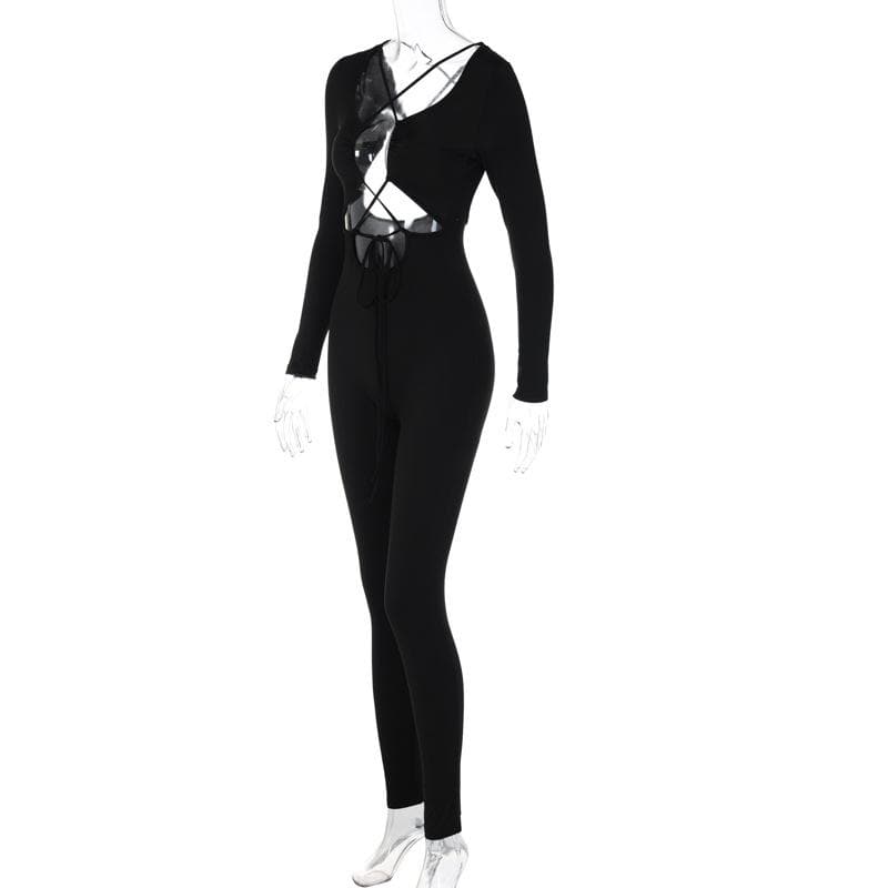 Cross front long sleeve hollow out lace up solid jumpsuit - Final Sale